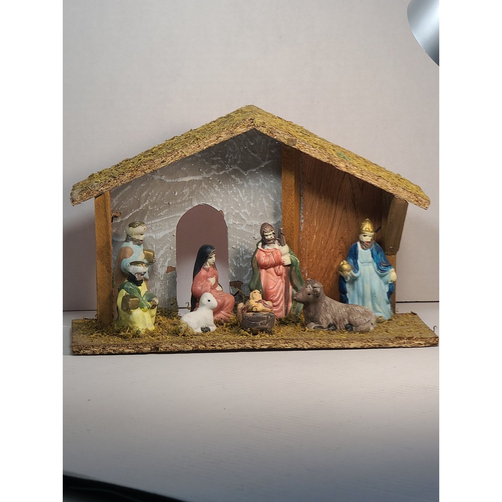 Vintage Wooden Nativity Scene Set Hand Painted Figurines Christmas Creche Stable